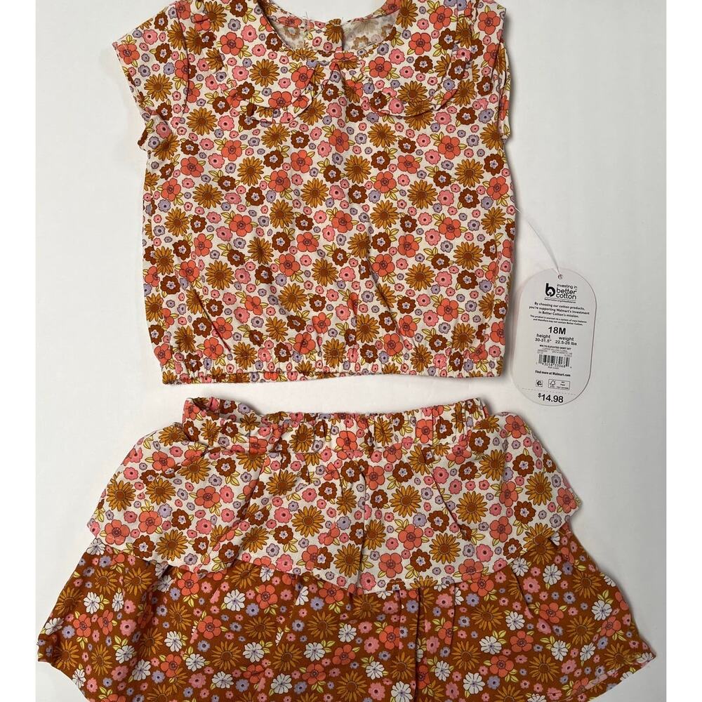 Wonder Nation Skort Set 2 Pc Shirt Skort 18M Girl Baby Copper Yellow Floral